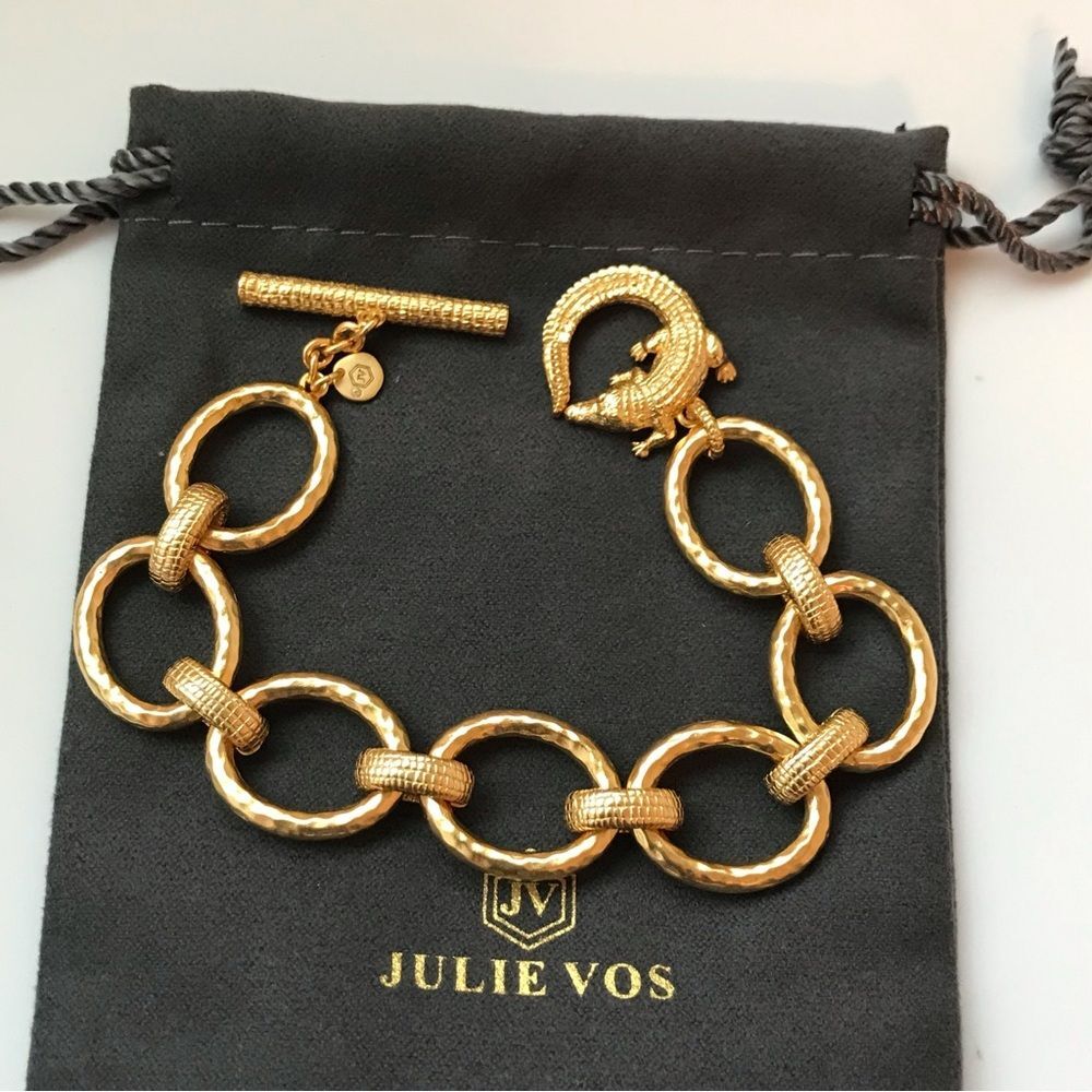 Julie Vos Gold Hammered Link Bracelet with Crocodile Toggle